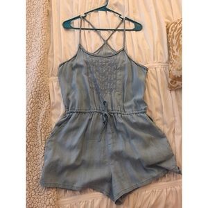 Chambray denim romper with tie waist